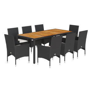 9 pcs conjunto jantar jardim c/ almofadões vime PE/acácia preto H