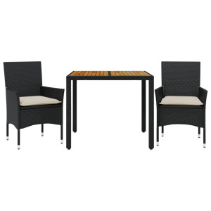 3 pcs conjunto jantar jardim c/ almofadões vime PE/acácia preto H