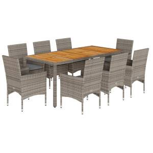 Set de comedor jardín 9 pzas con cojines ratán PE acacia gris H