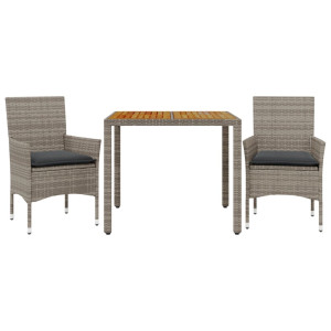 3 pcs conjunto jantar jardim c/ almofadões vime PE/acácia cinza H