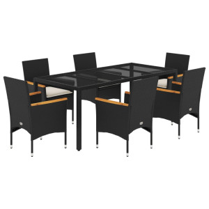 7 pcs conjunto jantar jardim c/almofadões vime PE/vidro preto H
