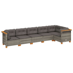 Set de muebles de jardín 6 pzas y cojines ratán sintético gris H