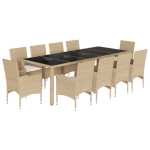 11 pcs conjunto jantar jardim com almofadões vime PE/vidro bege H