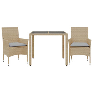 3 pcs conjunto jantar jardim com almofadões vime PE/vidro bege H