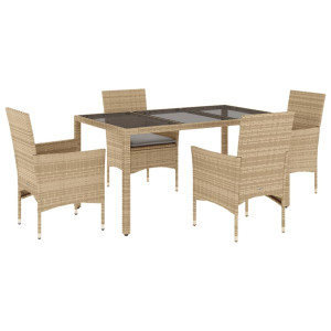 5 pcs conjunto jantar jardim com almofadões vime PE/vidro bege H
