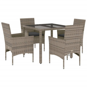 5 pcs conjunto jantar jardim c/ almofadões vime PE/vidro cinza H