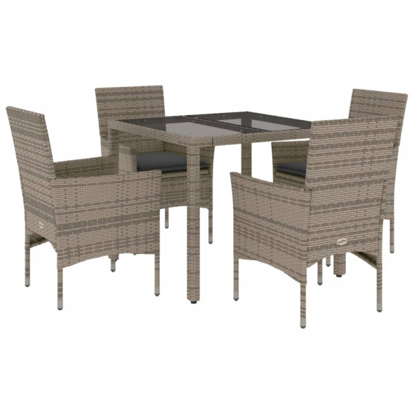 Set comedor jardín 5 pzas y cojines ratán sintético vidrio gris M 2