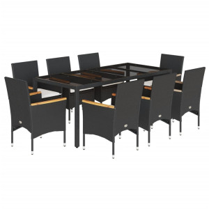 9 pcs conjunto jantar jardim c/ almofadões vime PE/vidro preto H