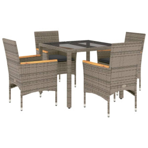 5 pcs conjunto jantar jardim c/ almofadões vime PE/vidro cinza H