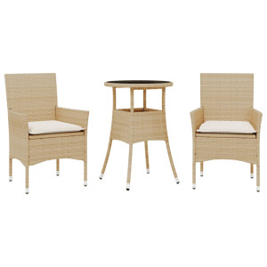 3 pcs conjunto jantar jardim com almofadões vime PE/vidro bege H