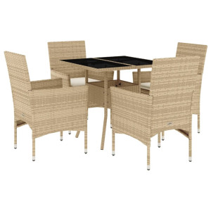 5 pcs conjunto jantar jardim com almofadões vime PE/vidro bege H