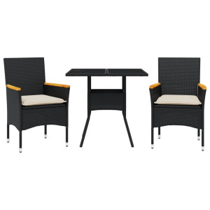 3 pcs conjunto jantar jardim c/ almofadões vime PE/vidro preto H