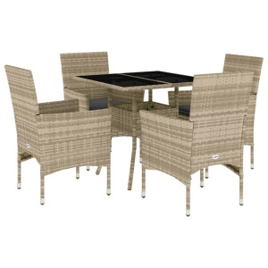 5 pcs conjunto jantar jardim c/ almofadões PE/vidro cinza claro H