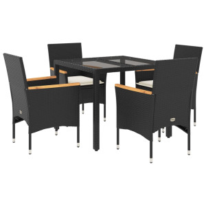 5 pcs conjunto jantar jardim c/almofadões vime PE/vidro preto H
