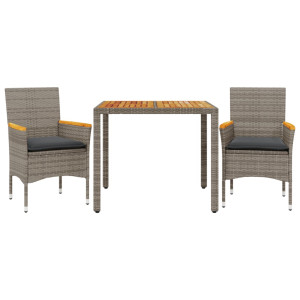 3 pcs conjunto jantar jardim c/ almofadões vime PE/acácia cinza H