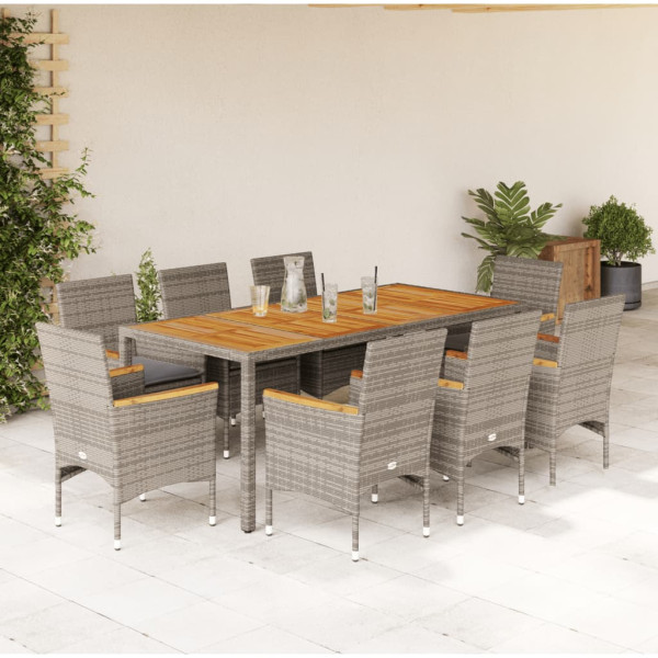 Set de comedor jardín 9 pzas con cojines ratán PE acacia gris D