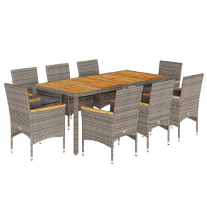 9 pcs conjunto jantar jardim c/ almofadões vime PE/acácia cinza H