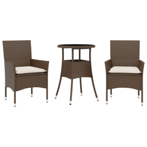 3pcs conjunto jantar jardim c/almofadões vime PE/vidro castanho H
