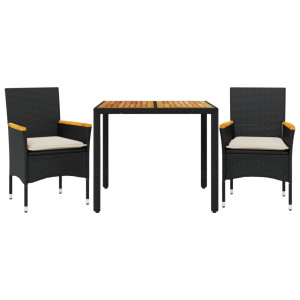 3 pcs conjunto jantar jardim c/ almofadões vime PE/acácia preto H