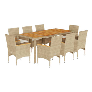 9 pcs conjunto jantar jardim c/ almofadões vime PE/acácia bege H