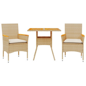 3 pcs conjunto jantar jardim c/ almofadões vime PE/acácia bege H