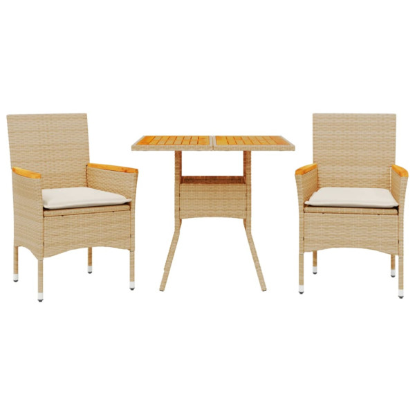 Set de comedor jardín 3 pzas con cojines ratán PE acacia beige M 2