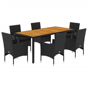 Set de comedor jardín 7 pzas con cojines ratán PE acacia negro H