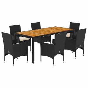 Set de comedor jardín 7 pzas con cojines ratán PE acacia negro H