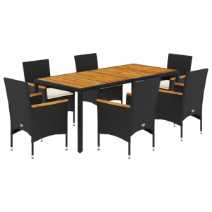Set de comedor jardín 7 pzas con cojines ratán PE acacia negro H