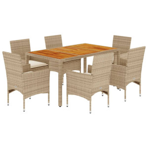 7 pcs conjunto jantar jardim c/ almofadões vime PE/acácia bege H