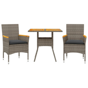 Set de comedor jardín 3 pzas con cojines ratán PE acacia gris H