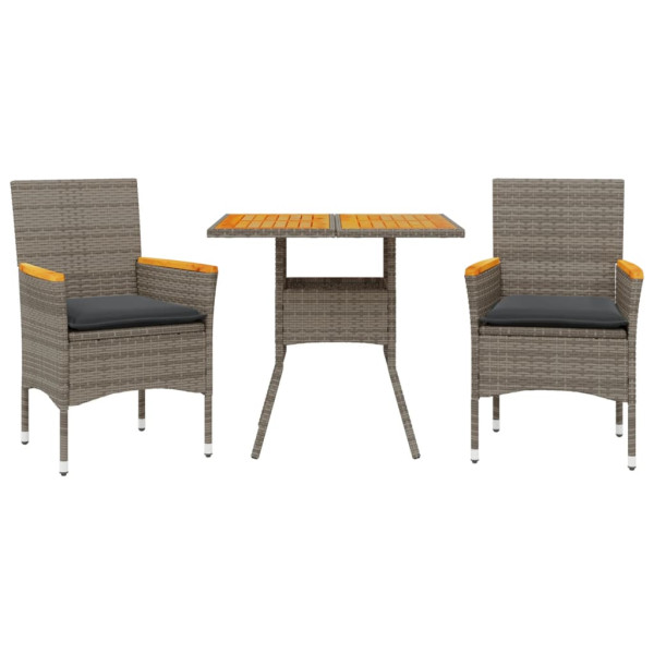 Set de comedor jardín 3 pzas con cojines ratán PE acacia gris M 2