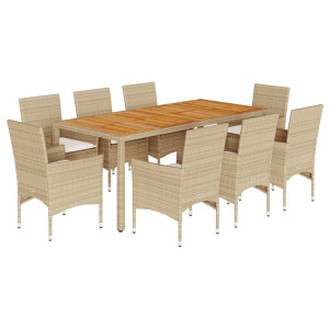 9 pcs conjunto jantar jardim c/ almofadões vime PE/acácia bege H