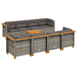 Set de muebles de jardín 9 pzas y cojines ratán sintético gris H