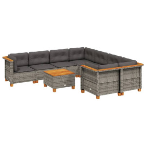 Set de muebles de jardín 9 pzas y cojines ratán sintético gris H