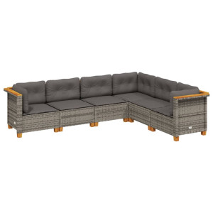 Set de muebles de jardín 6 pzas y cojines ratán sintético gris H