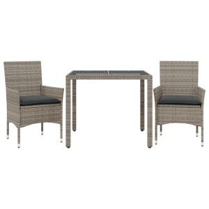 3 pcs conjunto jantar jardim c/ almofadões vime PE/vidro cinza H