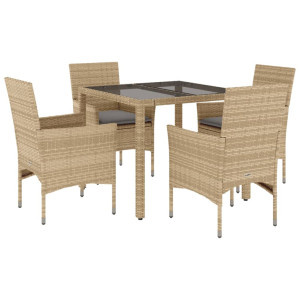 5 pcs conjunto jantar jardim com almofadões vime PE/vidro bege H