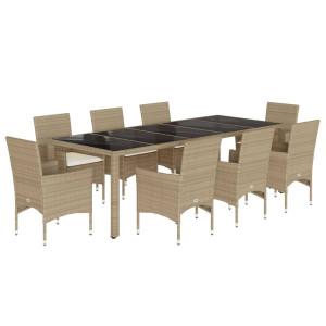 9 pcs conjunto jantar jardim com almofadões vime PE/vidro bege H