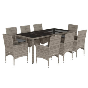 9 pcs conjunto jantar jardim c/ almofadões vime PE/vidro cinza H