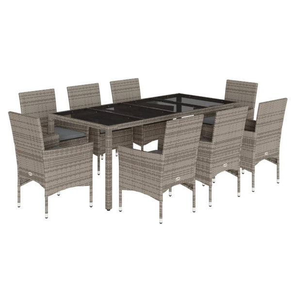 Set comedor jardín 9 pzas y cojines ratán sintético vidrio gris M 2