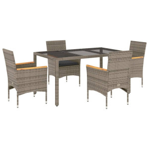 5 pcs conjunto jantar jardim c/ almofadões vime PE/vidro cinza H