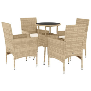 5 pcs conjunto jantar jardim com almofadões vime PE/vidro bege H