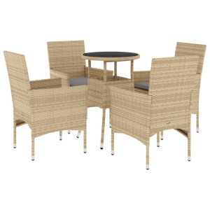 5 pcs conjunto jantar jardim com almofadões vime PE/vidro bege H