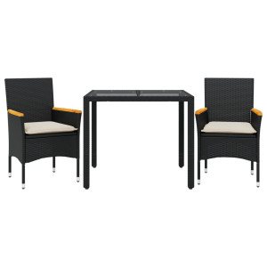 3 pcs conjunto jantar jardim c/ almofadões vime PE/vidro preto H