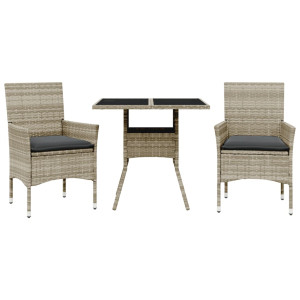 3 pcs conjunto jantar jardim c/ almofadões PE/vidro cinza claro H