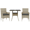 Set comedor jardín 3 pzas y cojines ratán PE vidrio gris claro 2