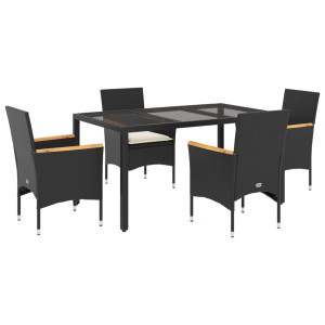 5 pcs conjunto jantar jardim c/almofadões vime PE/vidro preto H