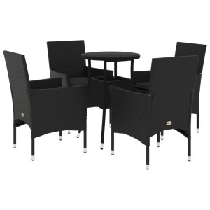 5 pcs conjunto jantar jardim c/ almofadões vime PE/vidro preto H