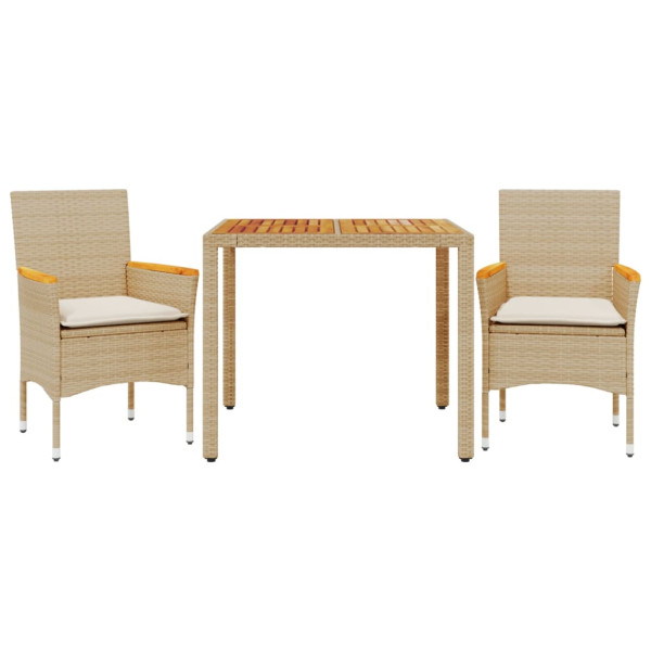 Set de comedor jardín 3 pzas con cojines ratán PE acacia beige M 2